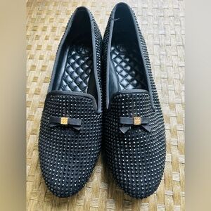 Tory Burch Black Studded Loafers with Gold Bow